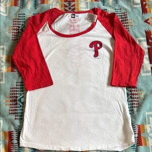 New Era Women’s Red and White Long Sleeve Tee